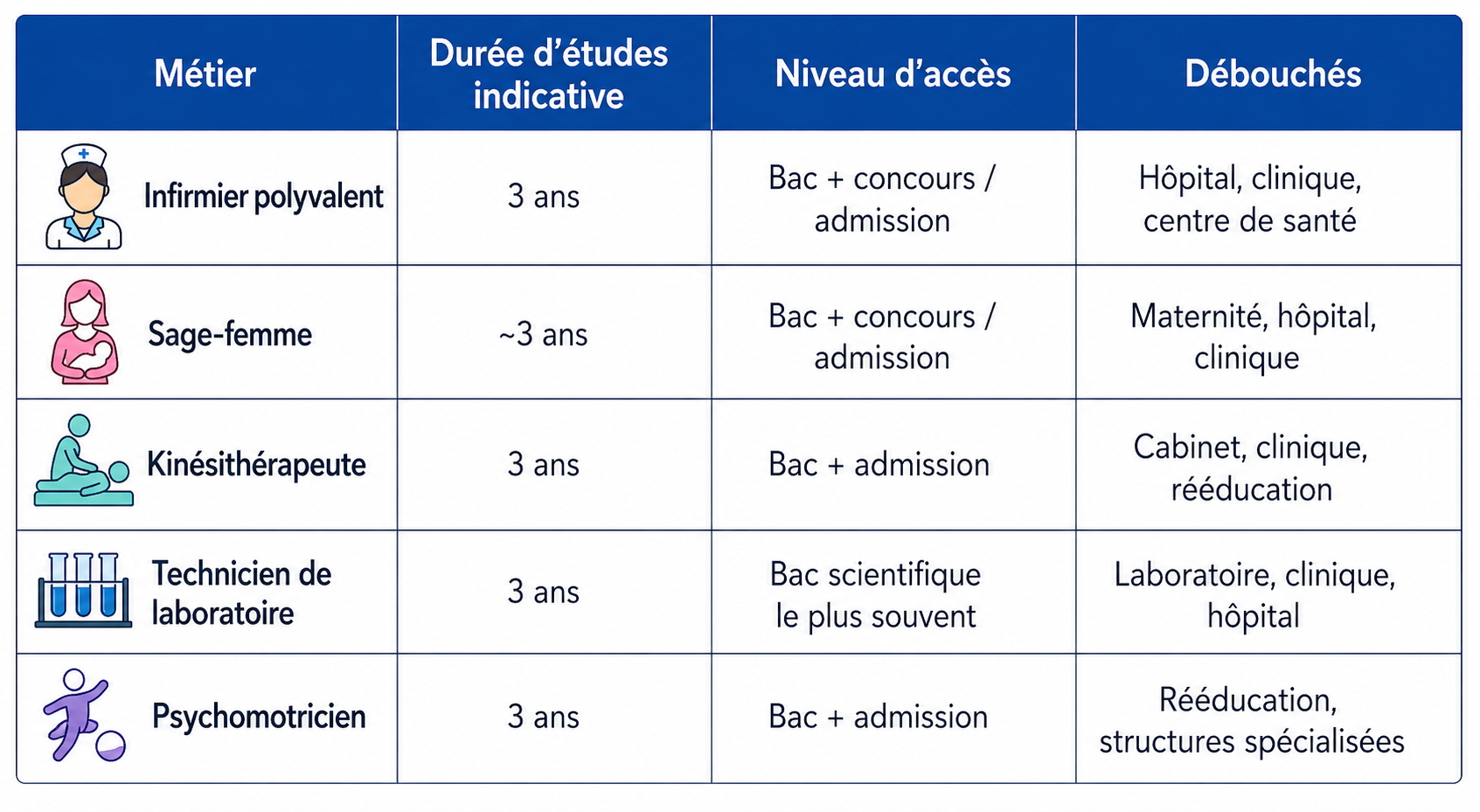 tableau comparatif métier de santé